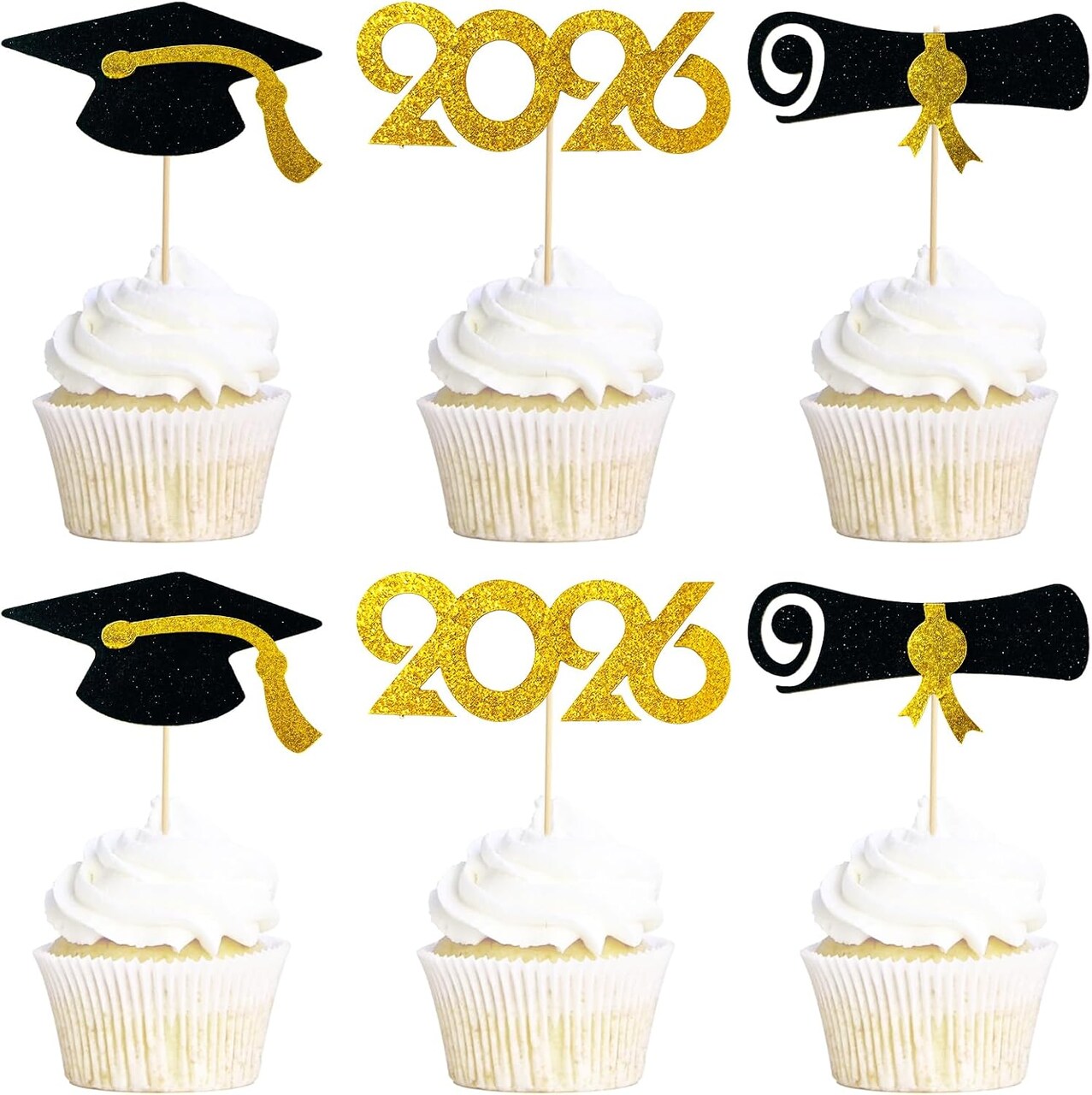 48Pcs Class of 2026 Graduation Cupcake Toppers - Pre-Assembled Black and Gold Food Picks - Glitter Grad Cap, Diploma & 2026 Dessert Decorations for High School and College Parties